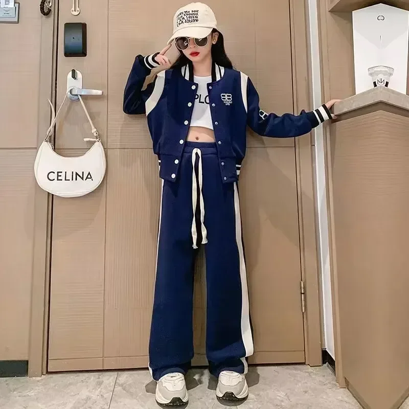 2023 Autumn Children Girl Clothes Baseball Jacket Coat and Pants 2pcs Suit Teenage Fashion Tracksuit Sets Striped Outfit Uniform