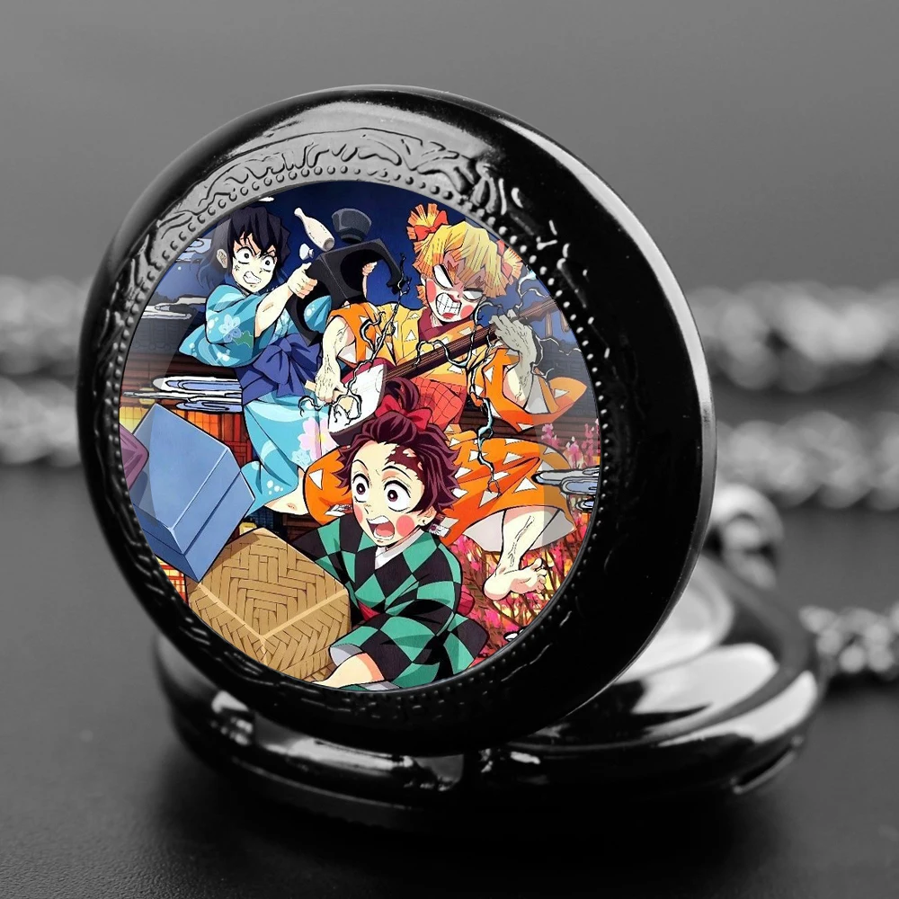 Anime Demon Slayer diseño cúpula de cristal moda números árabes reloj de bolsillo de cuarzo collar cadena colgante regalos para hombres y mujeres