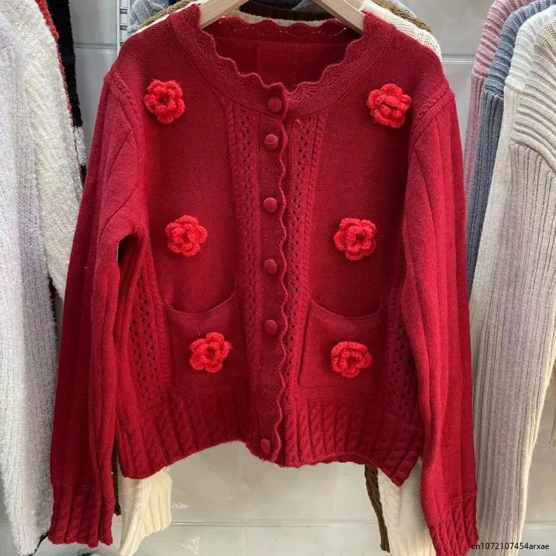 Winter Cardigan Women Sweater Handmade 3D Flower Sweater Cardigan Women Jumper Knitting Coats Outerwear 2023