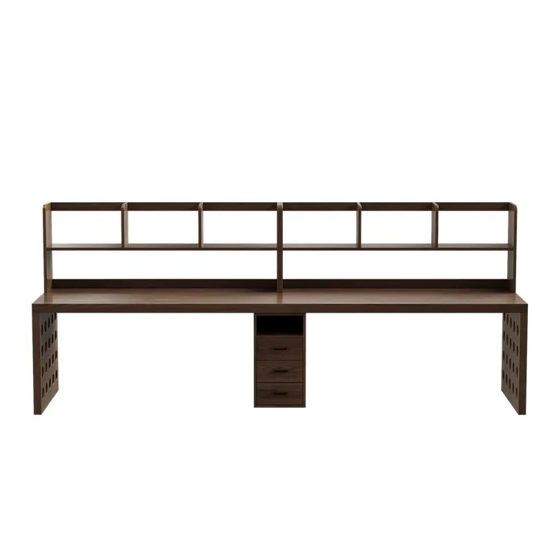 

All solid wood double desk, with bookshelf, long computer desk, bedroom office, study home writing