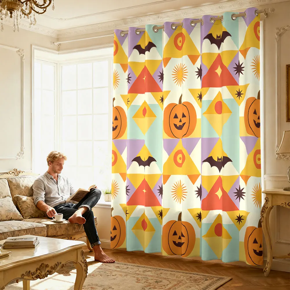 1pc Halloween pumpkin bat geometric print single-piece loop curtain single-piece loop curtain living room home decoration view 4
