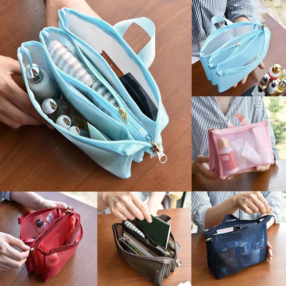 Multifunctional 3 Pocket Zipper Mesh Shower Bag Women Cosmetics Bag Makeup Organizer Hanging Toiletry Accessory With Compartment