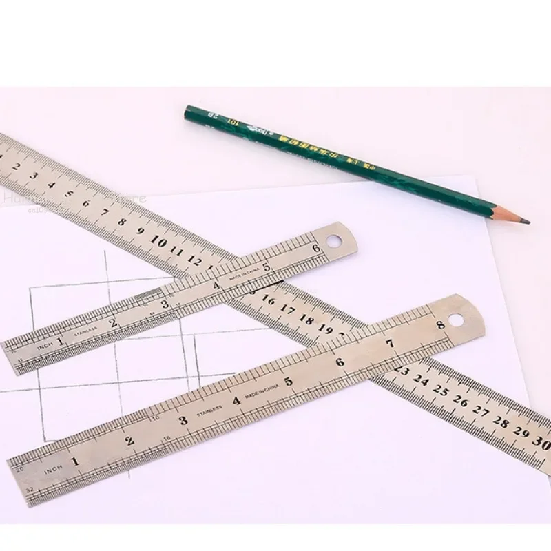 Regla de Metal de acero inoxidable, regla recta de 15/20/30cm, regla para estudiantes, herramienta de medición de doble cara de precisión para dibujo de carpintería