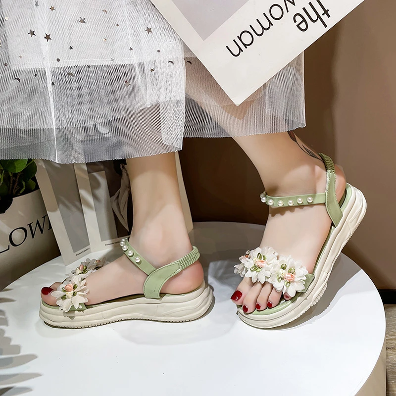 Sandals Women Summer New Fashion Women\'s Sandals 2022 Pearl Platform Shoes Sweet Flowers Casual Sandals Elastic Band Women Shoes