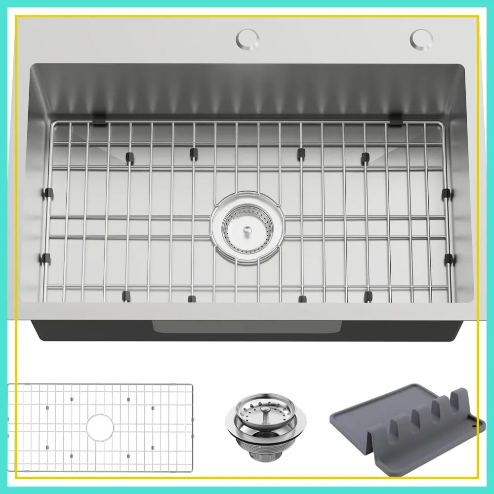 

27x18 Inch Stainless Steel Drop In Single Bowl Kitchen And Bar Sink Combo with SS Grid, Spoon Rest, Drain Strainer