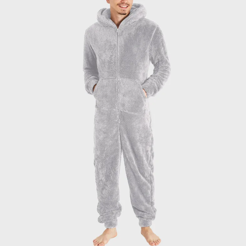 Onesie à capuche pour hommes adultes, vêtements de nuit moelleux, combinaisons de pyjama une pièce, sourire chaud, hiver