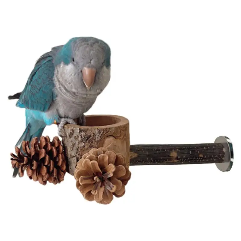 

Pet Bird Feeder Feeding Toy Parrot Bird Cage Perch Natural Wooden Stand Stick With Food Bowl Feeder Cup For Parakeet Cockatiels