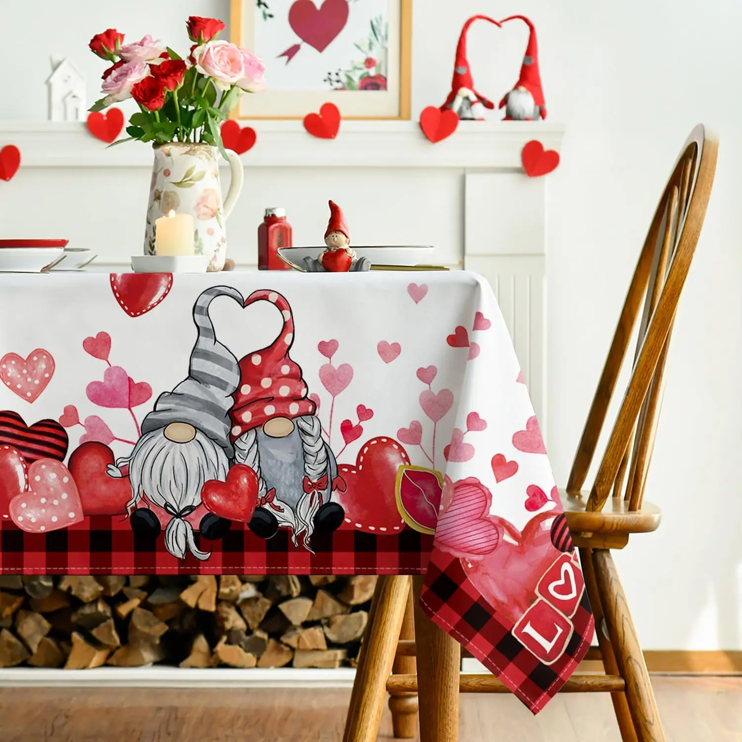 Valentine's Day Gnomes Truck Buffalo Plaid Waterproof Tablecloths Wedding Party Decor Washable Rectangle Table Cover Table Decor