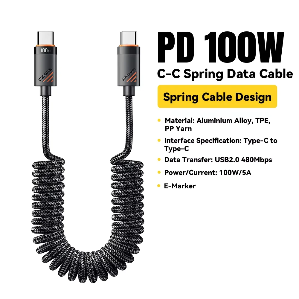 Essager Auto Lente Type C Kabel Voor iPhone 16 15 Xiaomi Samsung 100 W PD Snel Opladen Voor Macbook iPad Type C naar Type C Kabel