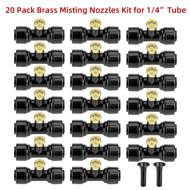 

Brass Misting Nozzles Garden Mister Nozzles Tees with Plugs for 1/4 Inch Tube Outdoor Cooling System Patio Misting System