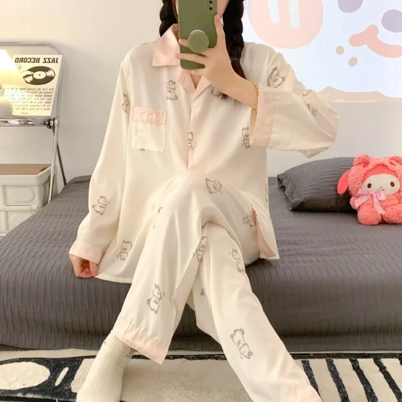 100kg Plus Size Women's Cartoon Pajama Set Satin Silky Sleepwear Long Sleeve Button Homewear Summer Spring Thin Two-piece Set