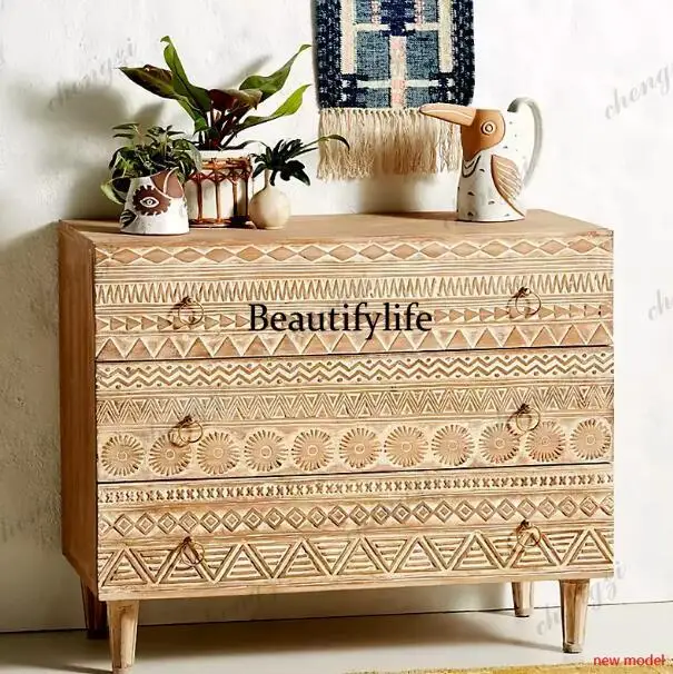 h178medieval solid wood dining side cabinet, retro style, entrance, storage storage cabinet, carved Nordic side cabinet