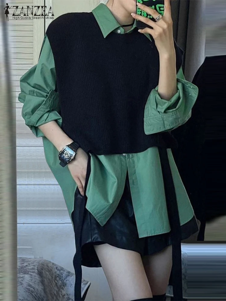 حجم كبير 5XL ZANZEA الخريف أزياء المرأة Colorblock شرابة قمم وهمية قطعتين قميص عارضة طويلة الأكمام الستر مكتب البلوزات