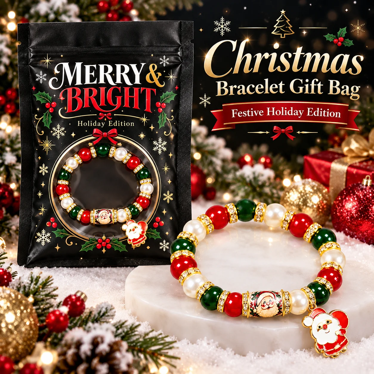 Festive Christmas Jewelry Gift - Santa Charm Beaded Bracelet Red Green Pearl Style Stretch Bracelet with Holiday Gift Bag