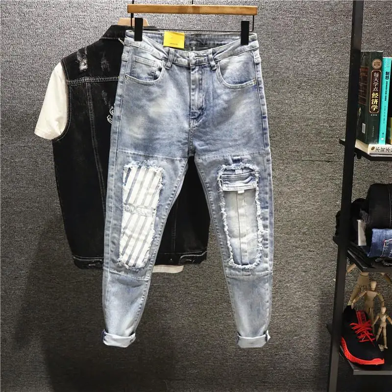 Pantalones vaqueros con gráfico negro para hombre, pantalón vaquero con agujeros rotos, estampado rasgado, Grunge, Y2k, Harajuku, verano, elásticos,