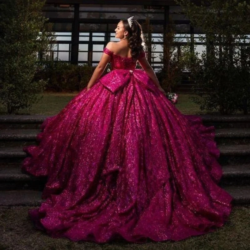 Rose Red Shiny Sequins Quinceanera Dress 2024 Off Shoulder Beads Crystal Tull Sweet 16 Dress XV Vestidos De 15 Anos