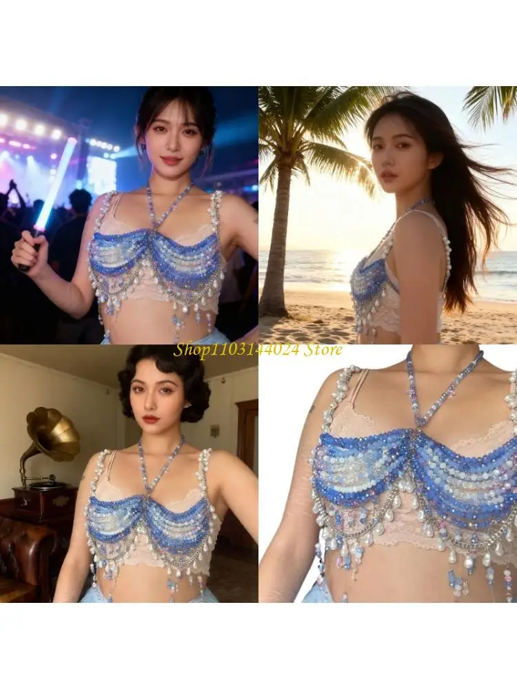 N5KE Women's Colorful Beaded Chest Chain Accessory Halter Neck Bralette Body Jewelry Tassels Top For Music Festivals Parties
