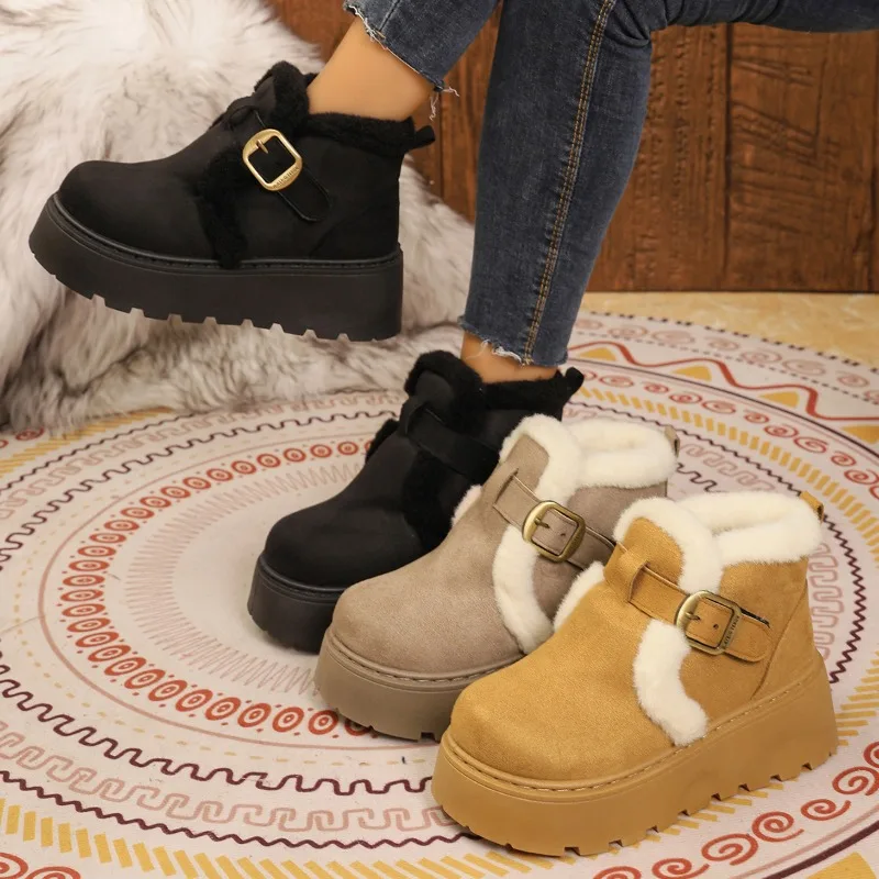 Winter New 2026 Women's Solid Color Comfortable Thick Sole High Heel Snow Boots Women Keep Warm Vintage Fashionable Snow Boot