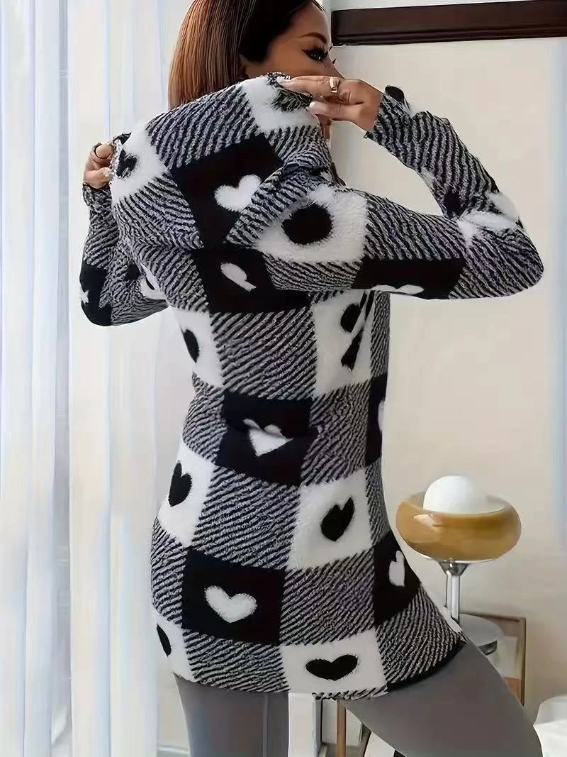 

Women Plaid Hooded Coat Cardigan Soft Loose Plush Warm Overcoat Jacket Female Striped Print Outerwear Winter Patchwork Coat