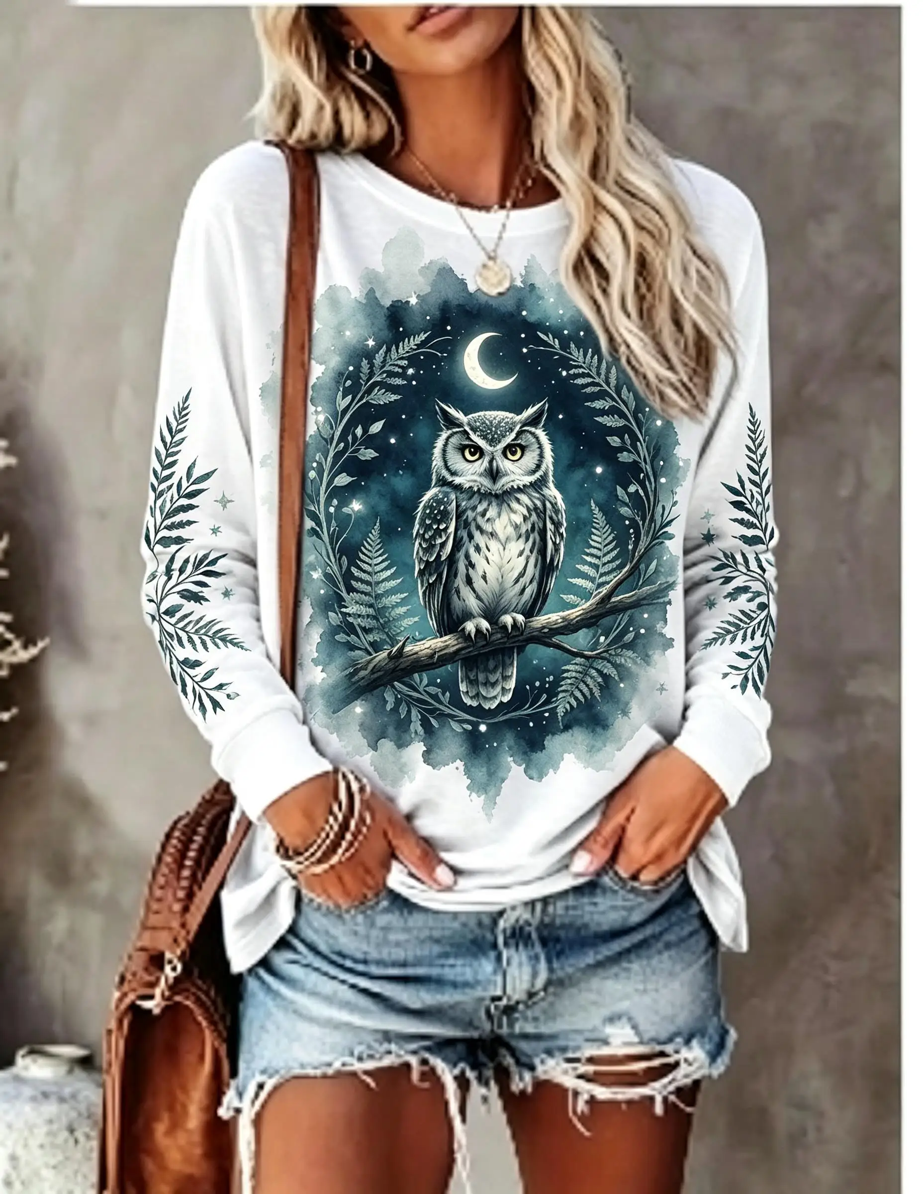 Women Long Sleeve T Shirt Howling Wolf Full Moon Wild Floral Night Print Crew Neck Casual Fall Tops view 4