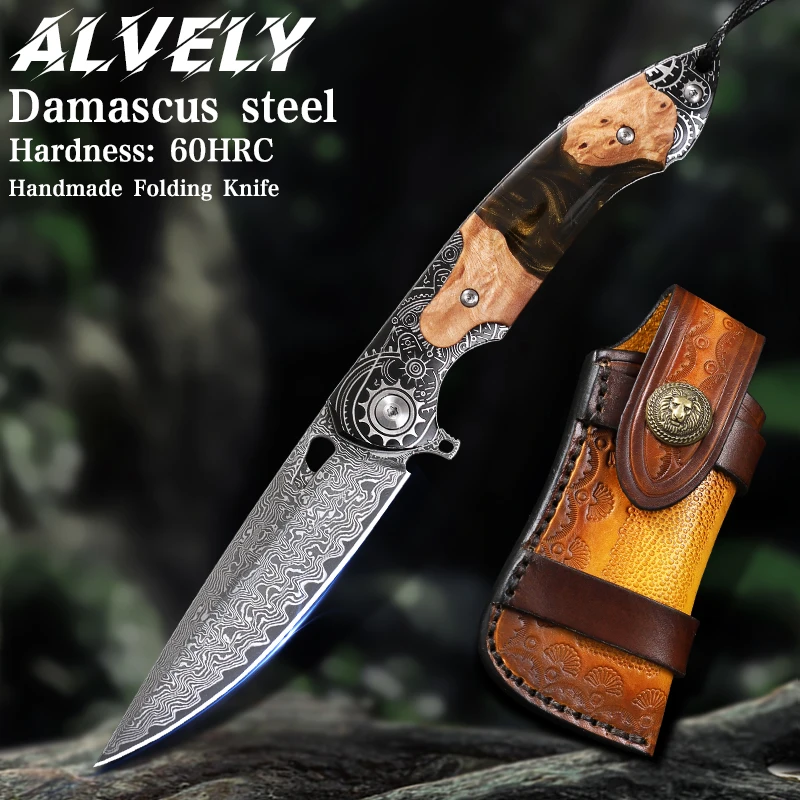 

Damascus Steel Folding Knife, Men's Pocket Knife, Resin Maple Handle with Sheath, Outdoor Hunting, Mountaineering EDC Knife
