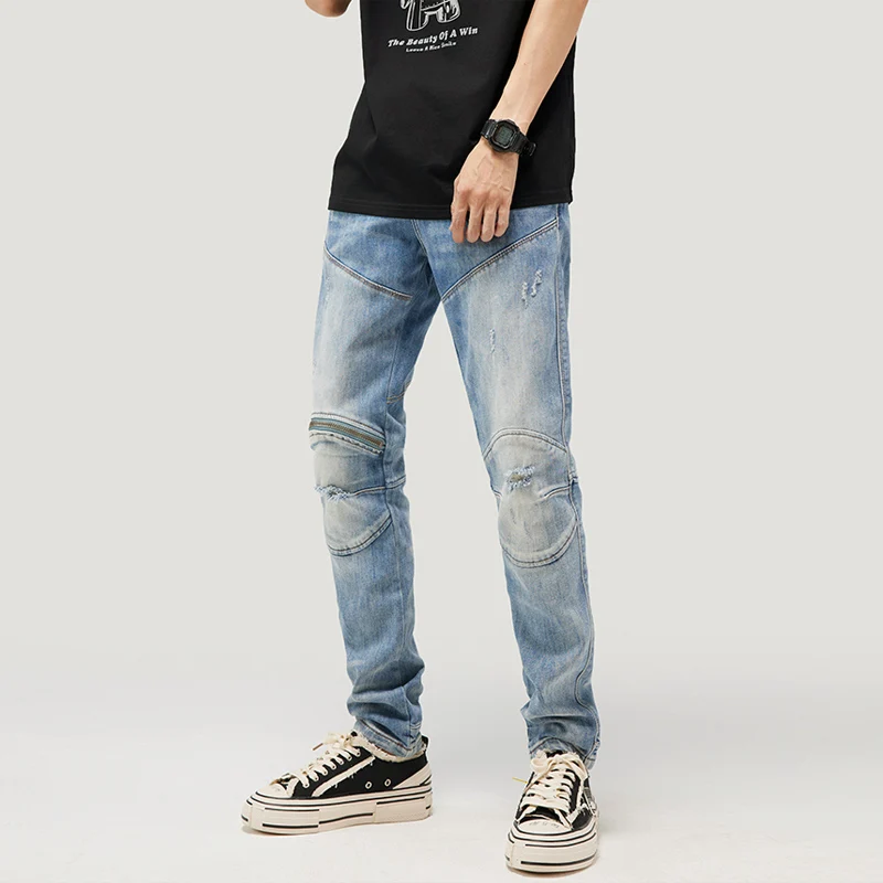 Streetwear Fashion Men Jeans Retro Light Blue Elastic Slim Fit Hole Ripped Jeans Men Spliced Designer Hip Hop Biker Pants Hombre