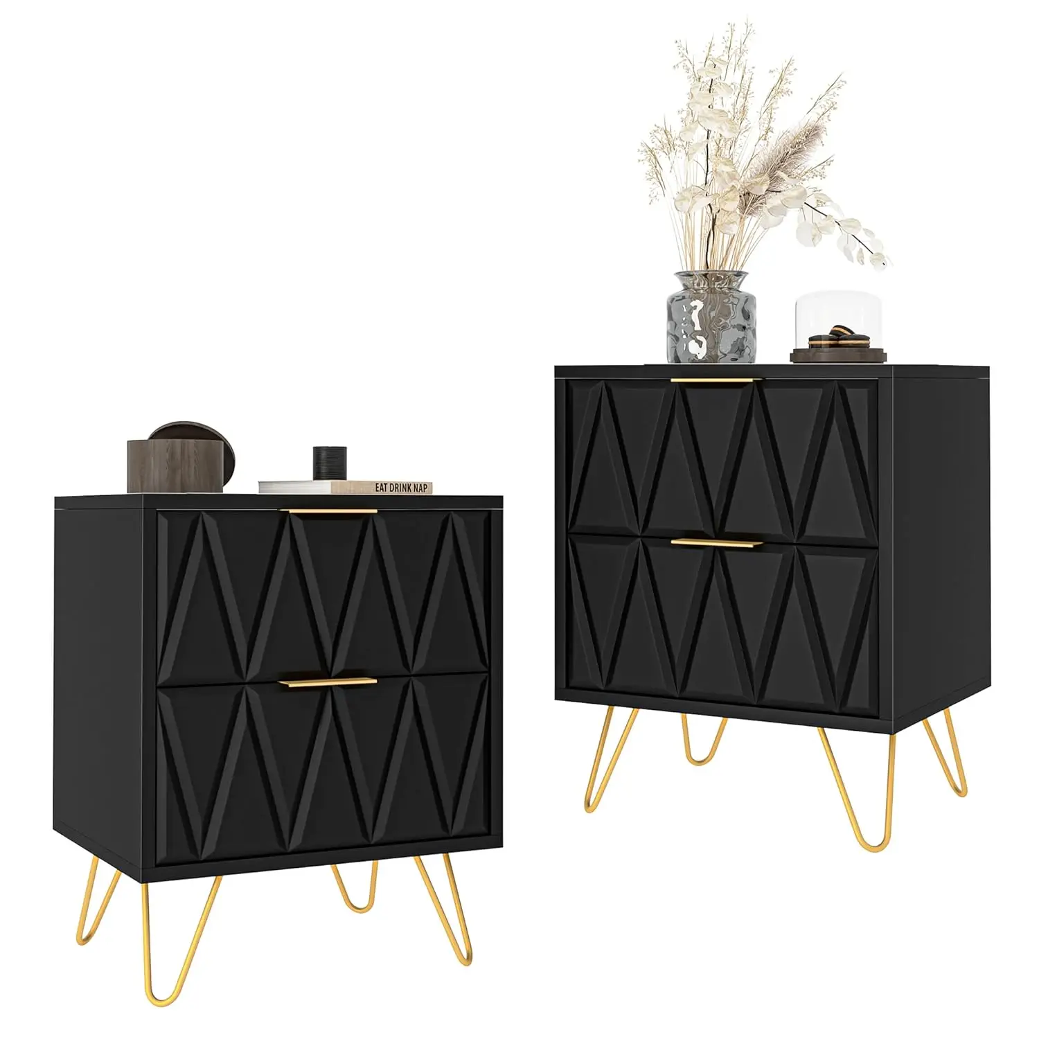 

Black Nightstand Set of 2, Modern Bedside Tables Set of 2 with 2 Drawers for Bedroom, Night Stand with Gold Legs,End Side Tables