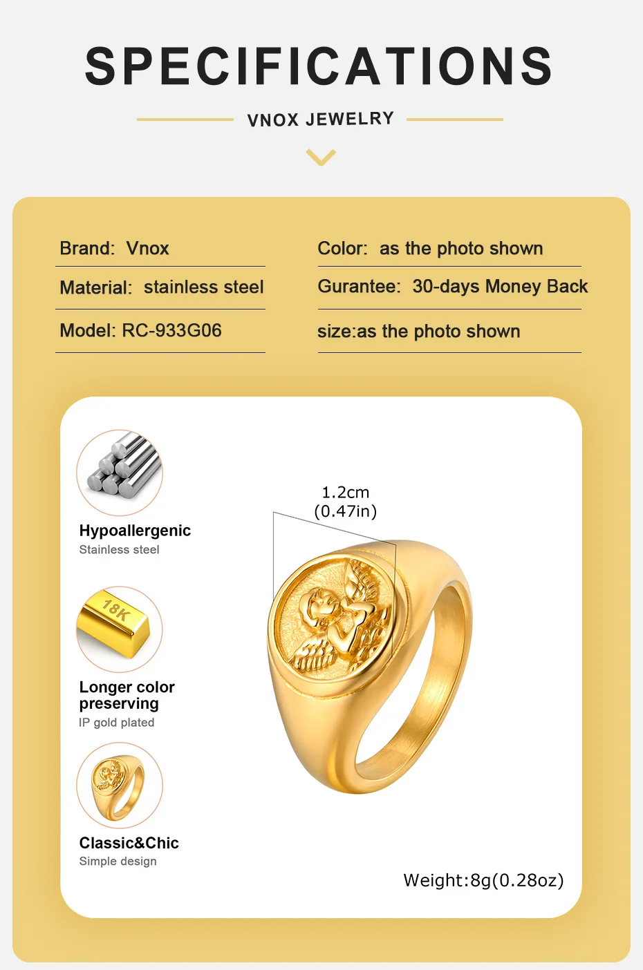 Vnox 18K Vergoldeter Edelstahl Siegelring für Herren und Damen, Vintage 12mm Cherub Amor Engel Wasserdichter Fingerschmuck Geschenk – Detail 5