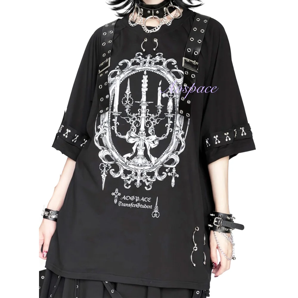 2026 summer punk strap short sleeved men's T-shirt top. ， Casual rivet pattern short sleeved women's unisex T-shirt top