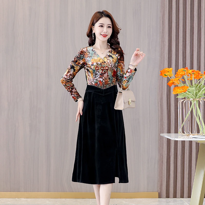 Faionable المخملية طويلة Sve Dr للنساء الأكبر سنا منتصف الخريف جديد Sle العرقية Sle تنورة V Ne فضفاضة تناسب مادة البوليستر #3