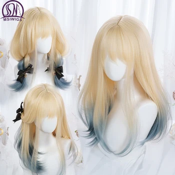 Msiwigs Vrouwen Lange Lolita Pruik Met Pony Blonde Ombre Blue Synthetische Cosplay Party Roze Paars Rechte Wavyhair Voor Meisje