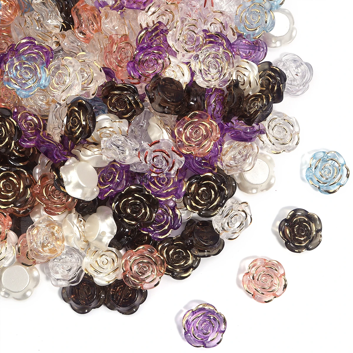 30pcs/lot Resin Rose Flower Flatback Rose Flowers With Gold Border Loose Spacer Beads For DIY Jewelry Making Necklace Bracelet
