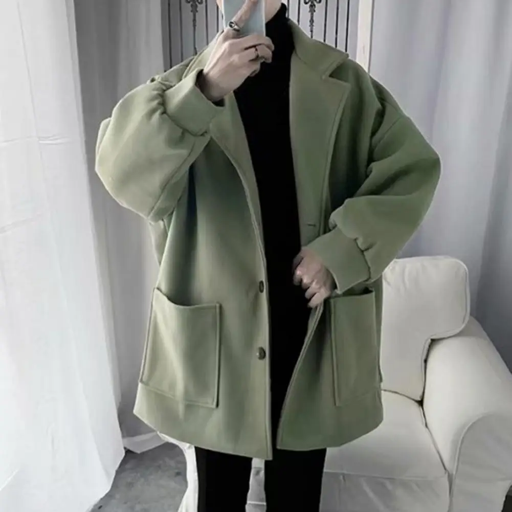 

Solid Color Thigh-length Jacket for Men Windbreaker with Lapel Design Men's Mid-length Windproof Trench Coat with Notch for Men