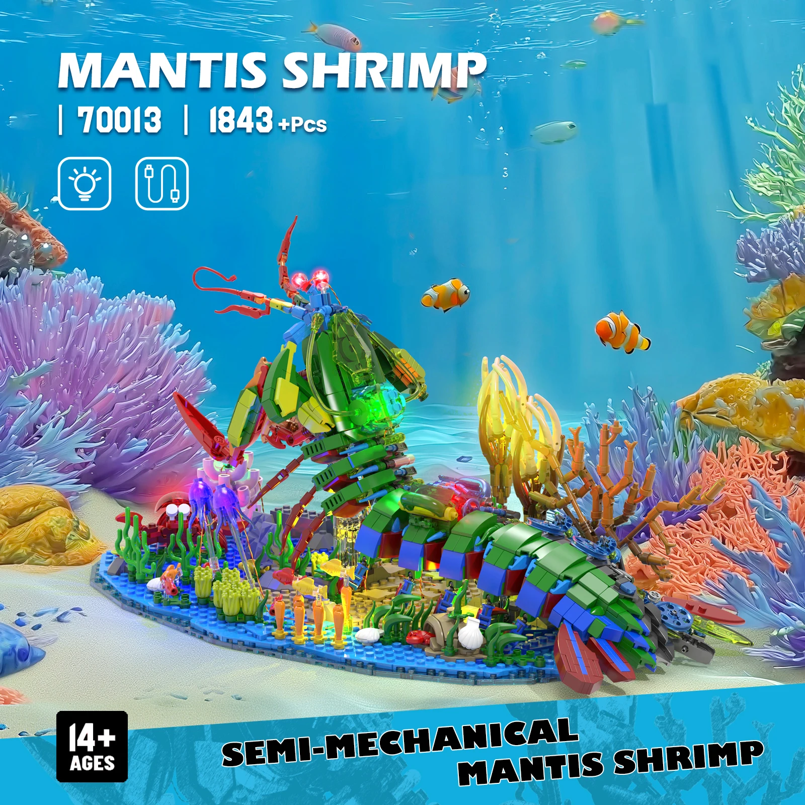 

70013 Light-up Mantis Shrimp Building Blocks Set, Model Assembly Toy, Home Decor Creative Ornament, Adult Birthday Gift