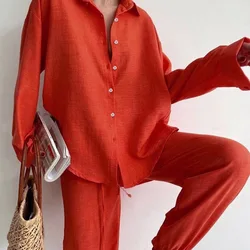 Summer Fashion New Matching Collection Women's Loose Single Breasted Top High Waist Wide Leg Pants Cotton Linen Two Piece Sets