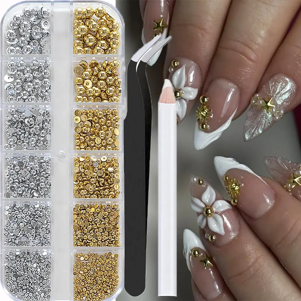 12Grids 3D Gold Silver Caviar Bead Nail Charms Multi-Sizes Round Pearls Nails Rhinestones with 2Tools Manicure Decoration Pearl