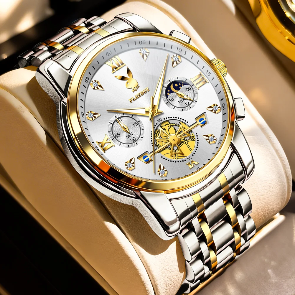 

Мужские часы PLAYBOY, кварцевые часы для мужчин, водонепроницаемые, светящиеся, с фазами луны, из нержавеющей стали, роскошные часы, оригинальные 3139