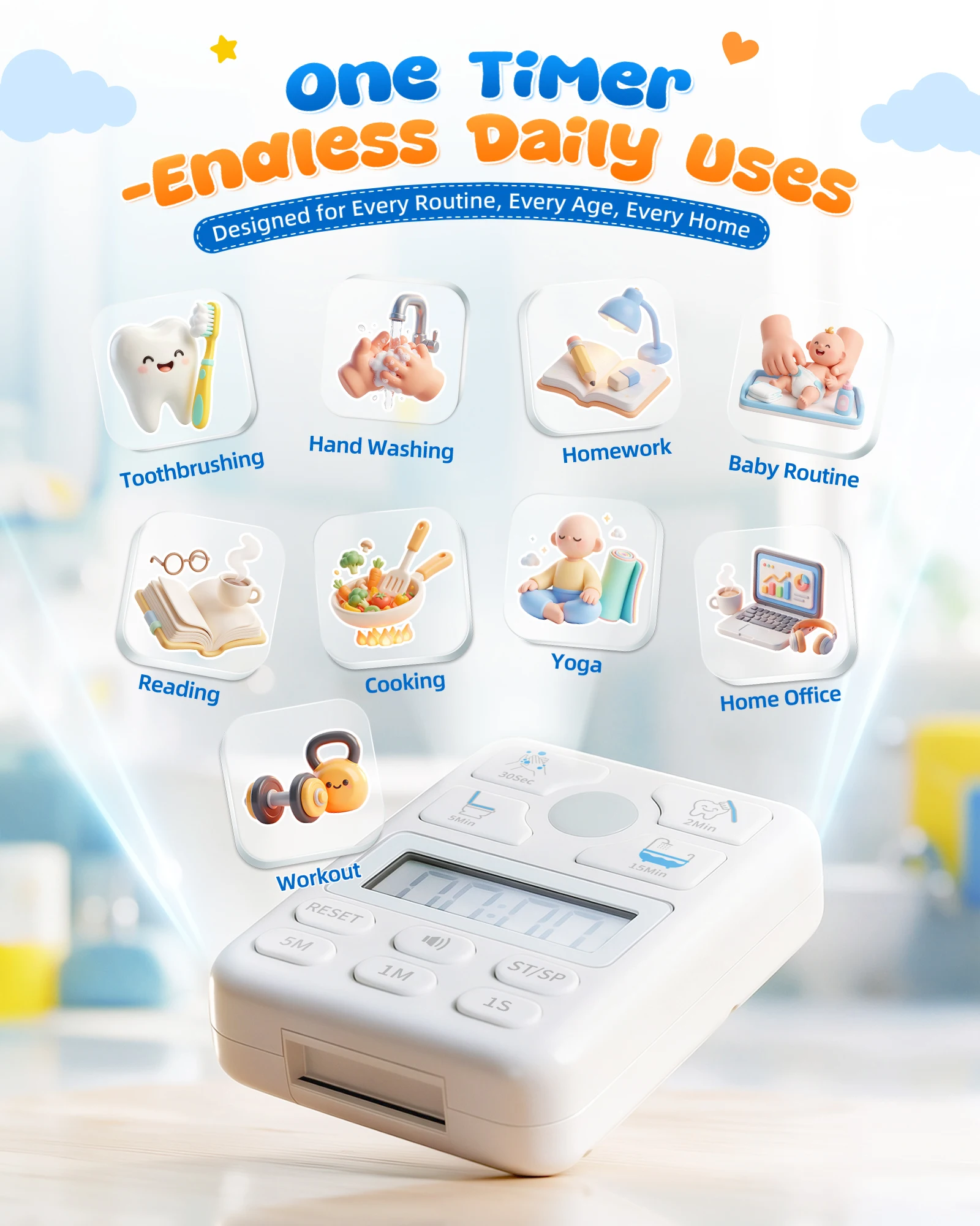 Kids Digital Countdown Timer One-Touch Preset Timer Children Time Manager for Toothbrushing Shower Homework Kitchen Cooking
