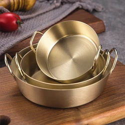 3 Sizes Stainless Steel Fruit Bowl with Handles Korean Round Pickle Dish Food Sauce Container Snack Basket Golden Dinnerware