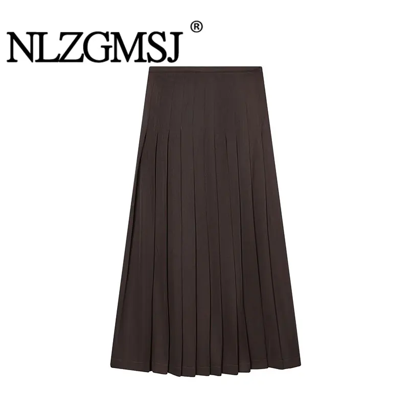 NLZGMSJ 2026 春秋 レディース ワイドプリーツ ミディスカート パーティー ロングスカート ファッション レディース ハイストリート カジュアルスカート