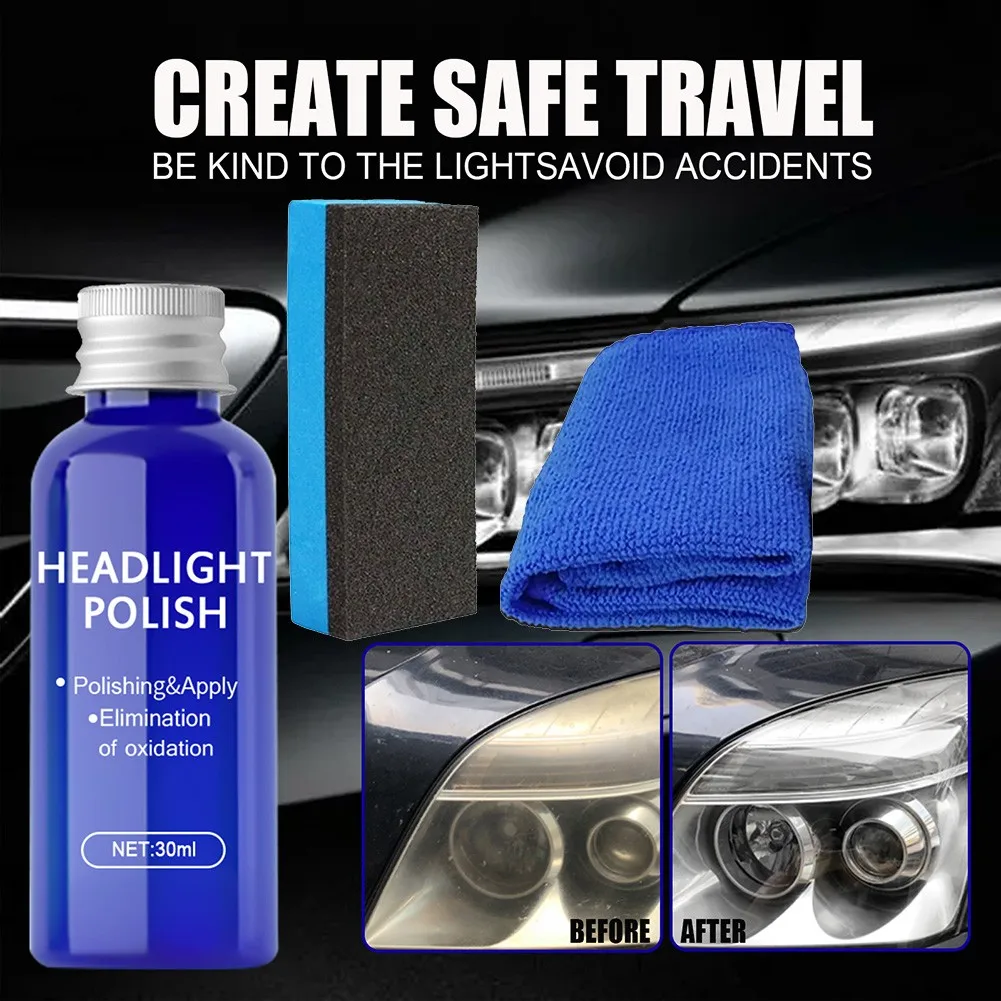 30ML Car Headlight Repair Maintenance Fluid Retreading Agent+Sponge+Cloth Car Headlight Repair Agent Accessories