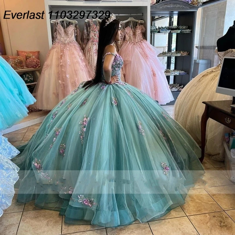 EVLAST-Vestido Quinceanera Verde, Laço Floral 3D, Espartilho Beading, Beading Mexicano, Vestido de Baile Rosa, Sweet 16, TQD757