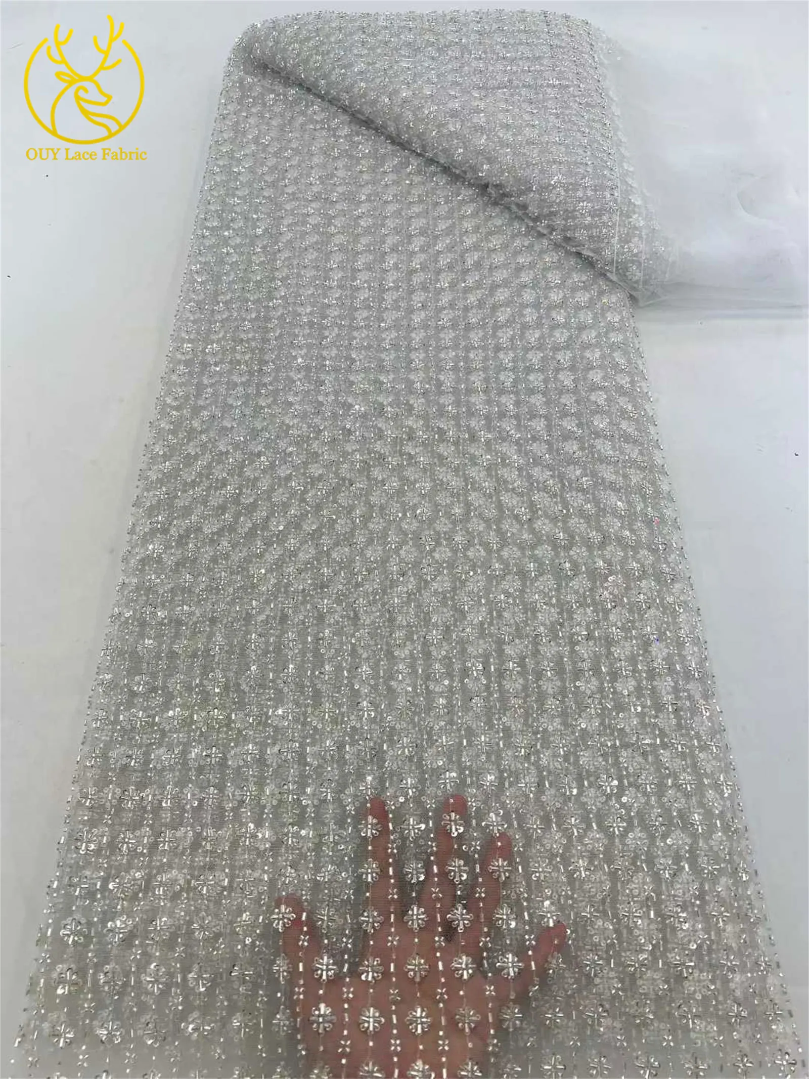2026 Afrika handgemachte Perlen Spitze Stoff neueste Französisch Mesh Pailletten Spitze Stoff Nigeria Tüll Spitze Damen Party Kleid Material – Detail 10