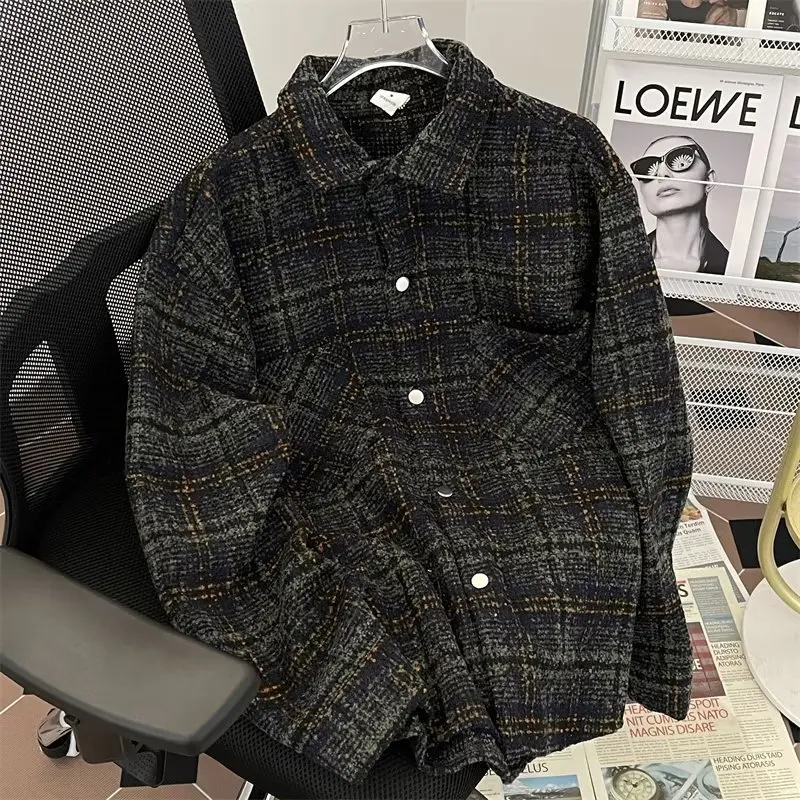 

Style Men's Spring and Autumn Woolen Plaid Shirt Niche High-end Versatile Loose Baseball