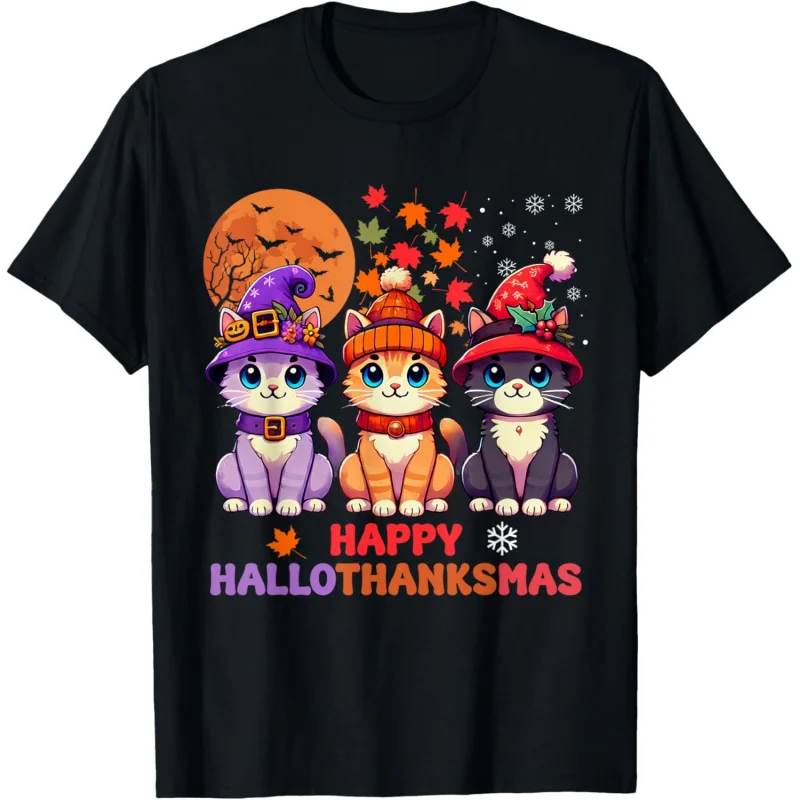 

Halloween, Thanksgiving, Christmas, Happy Hall, Three Kittens, T-shirt, Girl's Top