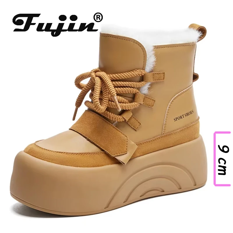 Fujin 6cm Cow Genuine Leather Fashion Women Ankle Booties Platform Wedge Winter Plush Autumn Warm Boots Spring Shoes Chimney