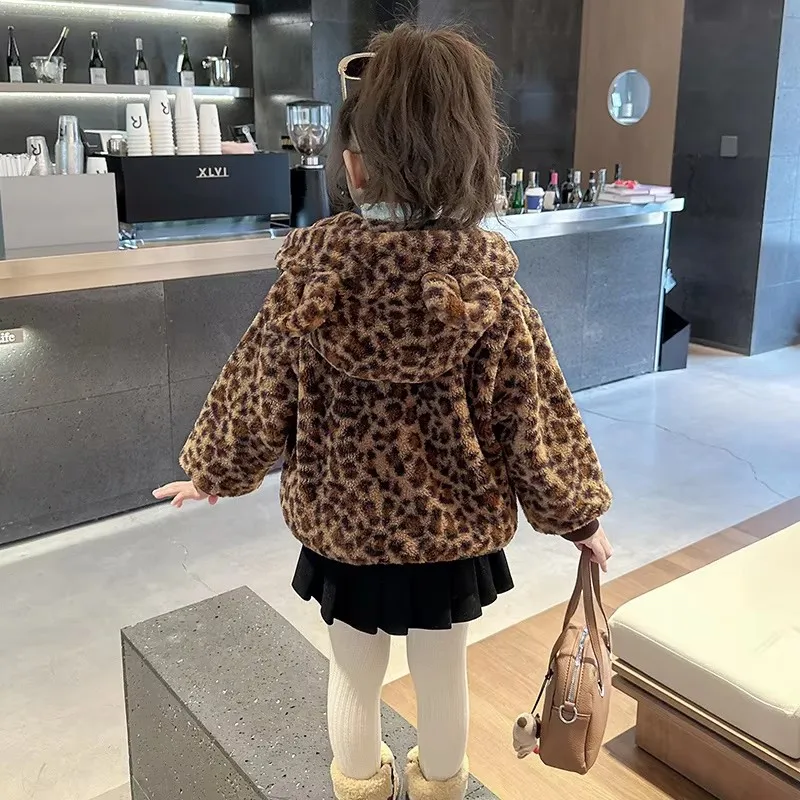 Infant Girl Winter Leopard Print Fur Coat Baby Thermal Clothes Kids Warm Leopard Ear Hoodie Outerwear Child Thick Wool Jacket