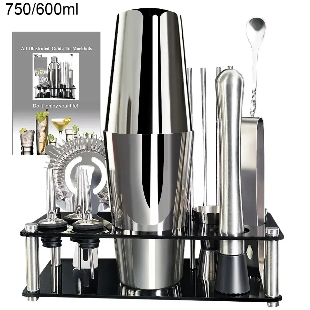 

For 13 Piece 750ml 600ml Cocktail Shaker Set Stainless Steel Bar Tools with Black Stand, 750ml Shaker, Jigger, Spoon, Pourers