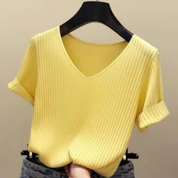 2023 New Summer V-neck Knitted Sweater Women's Short Sleeves Jumpers Pullovers Casual Slim Fit Knitwear Bottoming Shirt