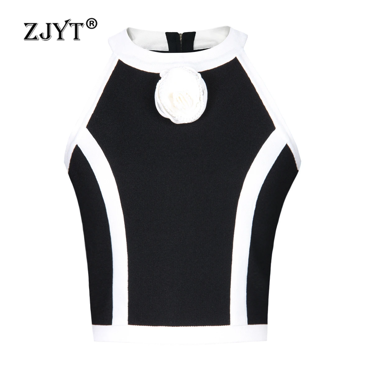 

ZJYT Summer Knitted Sweater Tops for Women Sleeveless Halter Knitwears Color Block Jersey Mujer Fashion Female Clothing